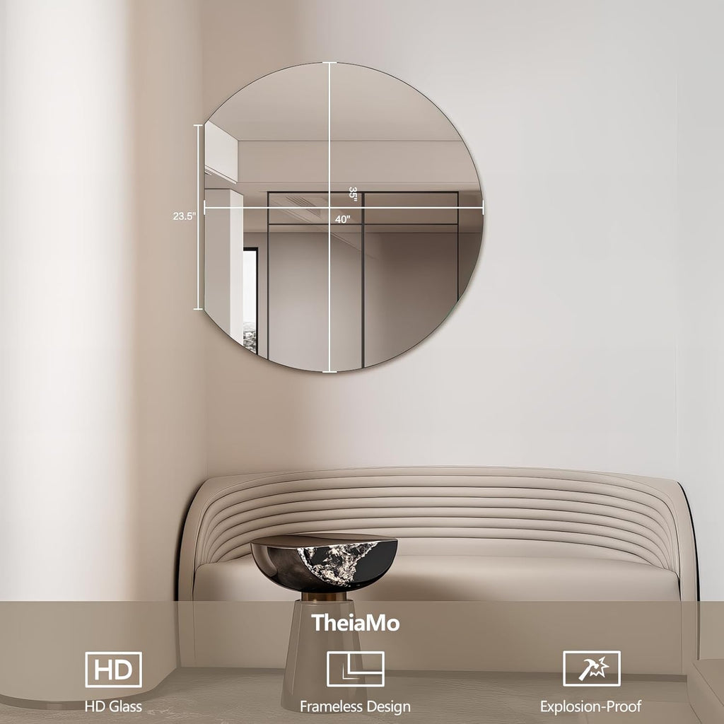 Half Moon Bathroom Mirror 40", Modern Frameless Wall Mirror, Hanging Decorative Vanity Mirror, Minimalist Explosion Proof Semi Circle Mirror for Living Room Bedroom Entryway, Down Cut