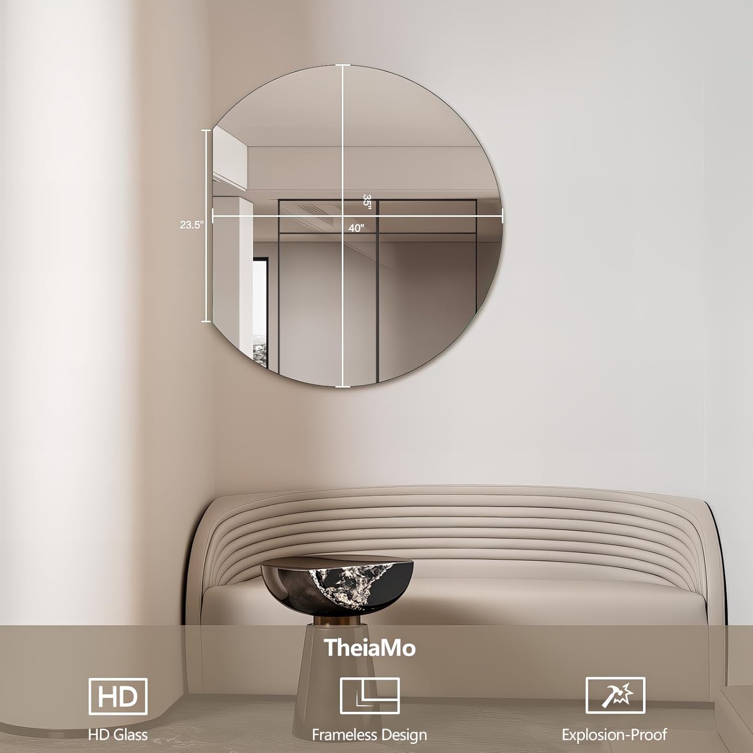 Half Moon Bathroom Mirror 40", Modern Frameless Wall Mirror, Hanging Decorative Vanity Mirror, Minimalist Explosion Proof Semi Circle Mirror for Living Room Bedroom Entryway, Down Cut