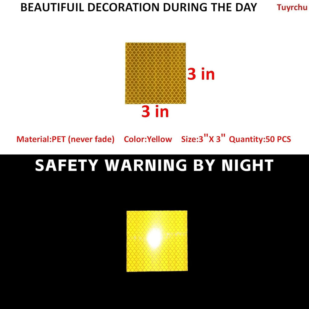 Non Fading Yellow Reflective Stickers 3 inch X 3 inch, Outdoor Waterproof High Visibility Warning Safety Adhesive Reflector Tape (50 Pcs)