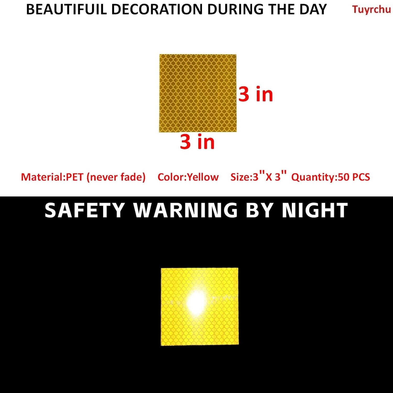 Non Fading Yellow Reflective Stickers 3 inch X 3 inch, Outdoor Waterproof High Visibility Warning Safety Adhesive Reflector Tape (50 Pcs)