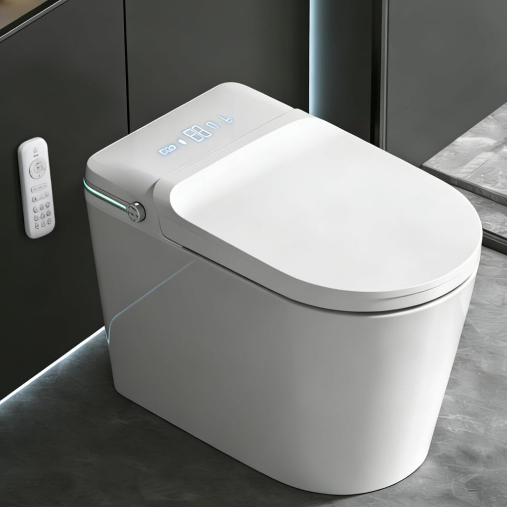 TDH Smart Toilet, Heated Toilet Seat with Warm Water Sprayer & Dryer, Aromatherapy Tablets,Foot Sensor Operation, Round Toilet Seat, Night Light, Remote Control