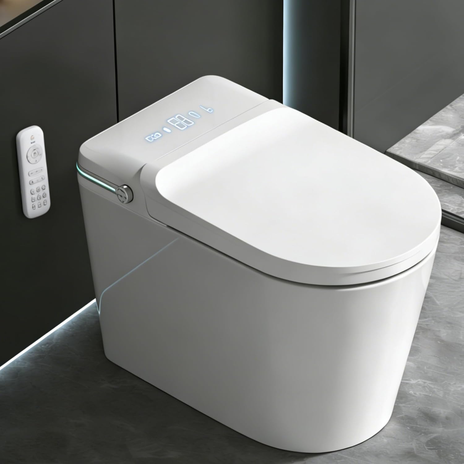 TDH Smart Toilet, Heated Toilet Seat with Warm Water Sprayer & Dryer, Aromatherapy Tablets,Foot Sensor Operation, Round Toilet Seat, Night Light, Remote Control