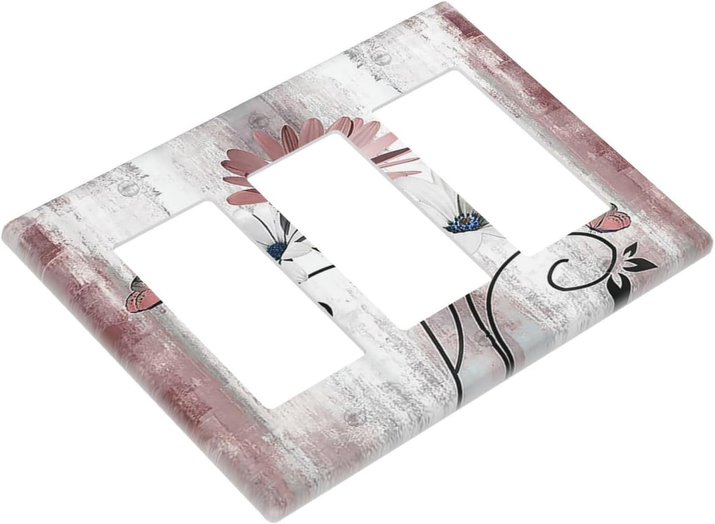 Light Switch Covers Pink White Daisy Butterfly Wood Grain 3 Gang Rocker Electrical GFCI Decorative Triple Outlet Wall Plate Cover Switchplate for Farmhouse Bathroom Decor