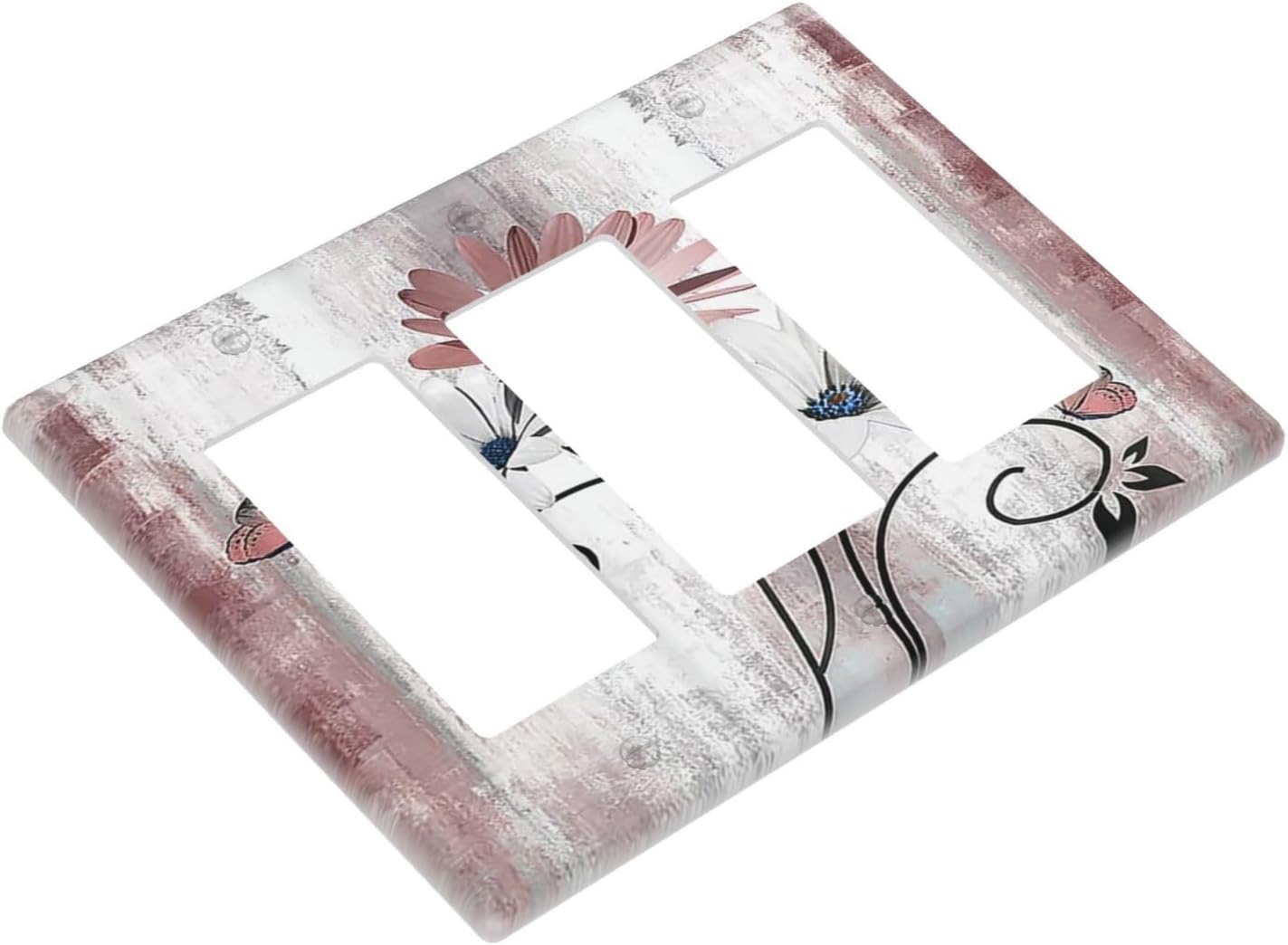 Light Switch Covers Pink White Daisy Butterfly Wood Grain 3 Gang Rocker Electrical GFCI Decorative Triple Outlet Wall Plate Cover Switchplate for Farmhouse Bathroom Decor