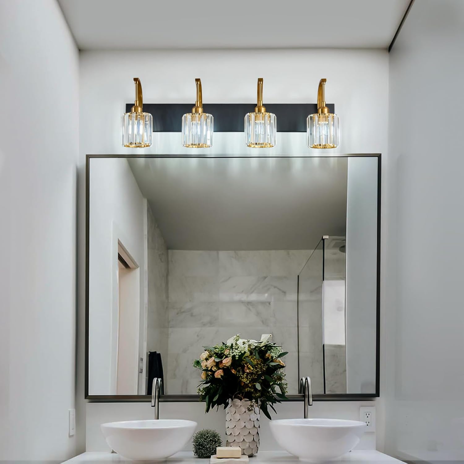 4-Light Crystal Vanity Light, Modern Black Gold Bathroom Wall Sconce with K9 Crystal Shades, 32.67" Long Over Mirror Lighting for Vanity, Makeup, Hallway, Elegant & Easy Install