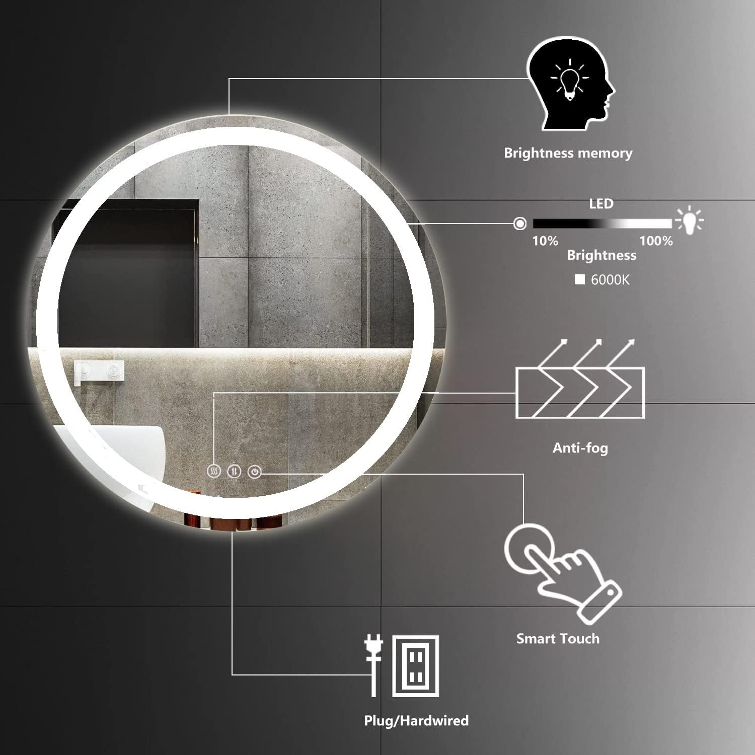 LED Round Crystal Bathroom Mirror - 24 Inch Circle Vanity Mirror with 3 Color Lights