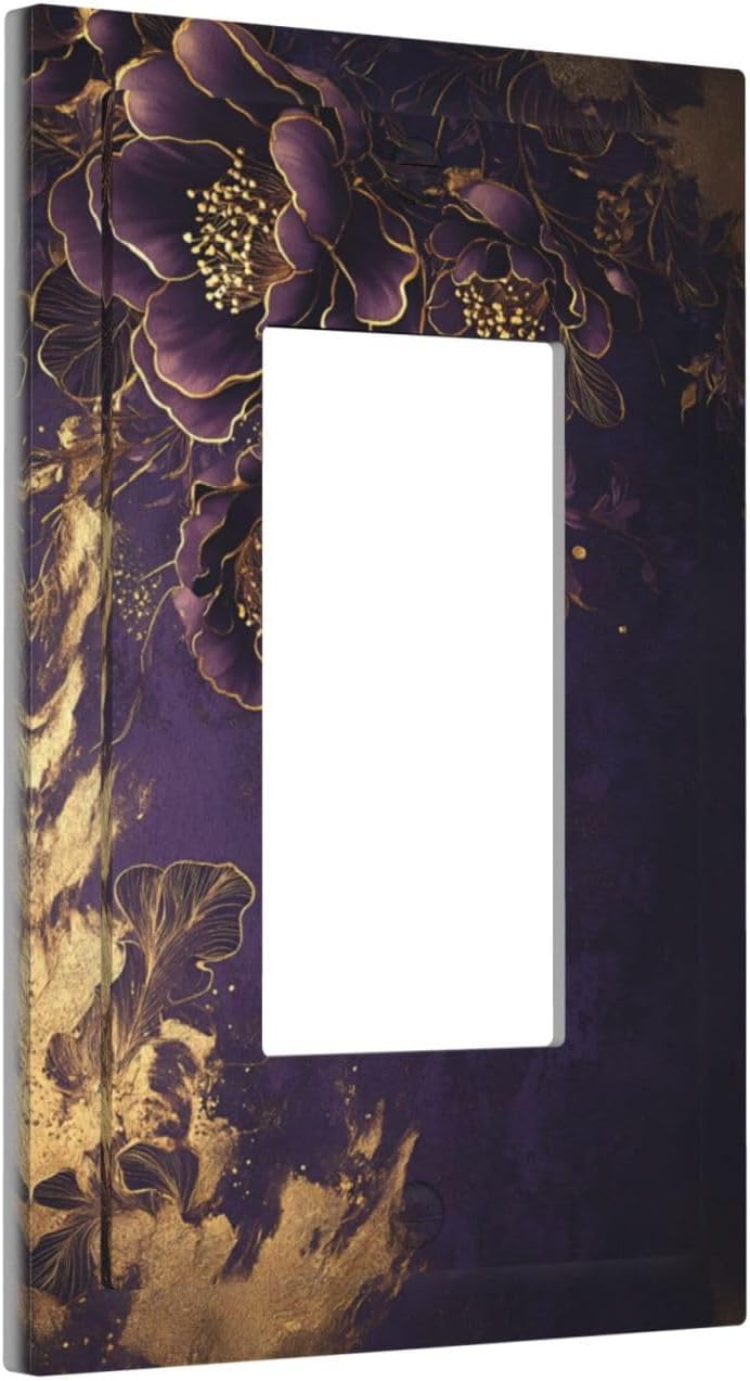 Decorative Outlet Covers Vintage Purple Peony Gold Leaf Flowers Floral 1 Gang Single Decora GFCI Device Light Switch Covers Plate 1 Rocker Wall Plate Jumbo Face Plate for Bedroom Decor