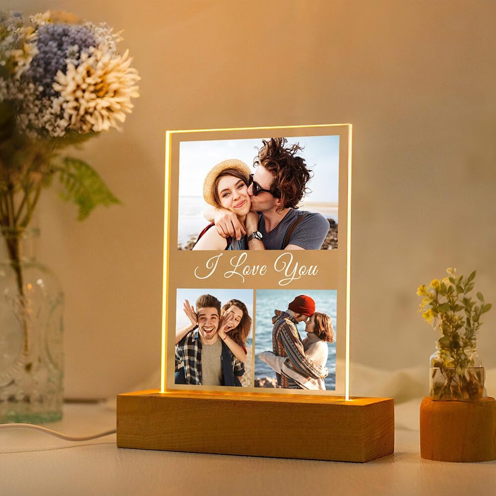 Custom Picture Frame with Photo, Personalized Photo Frames with Night Light, Customized Picture Frames, Personalized Valentines Day Gifts for Her Him Women Men Girlfriend Boyfriend Couple