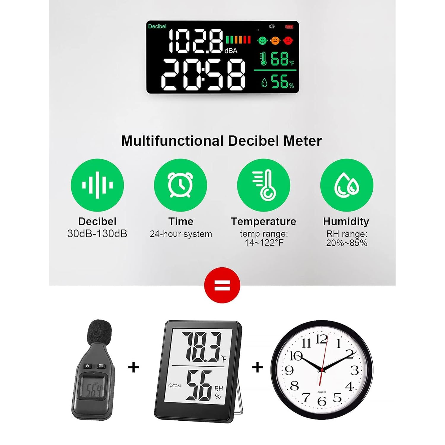 Decibel Meter Sound Level Reader, 11 Inch LED Display with Time Temperature Humidity, 30-130db Range - Sensor, Adjustable Brightness, USB Rechargeable for Home of