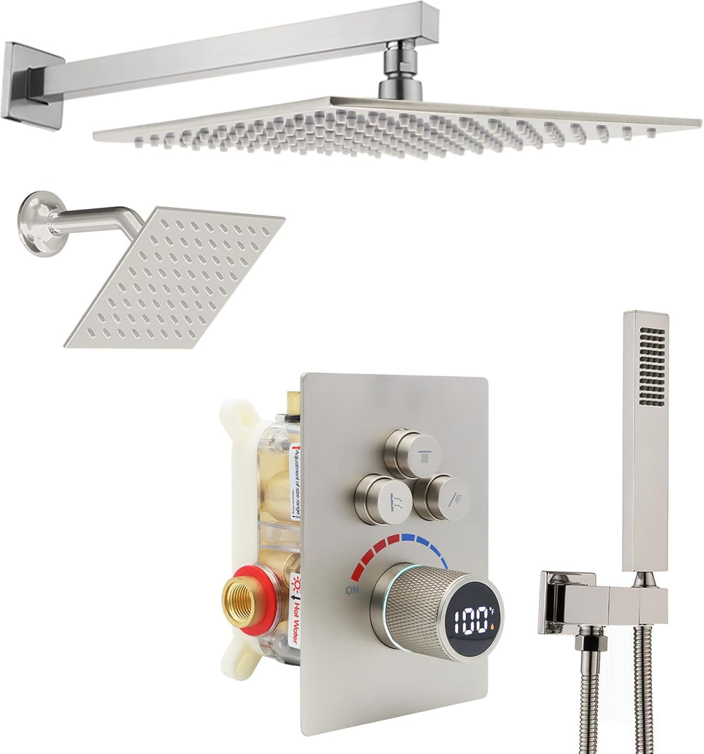 Digital Display Dual Head Shower system Rain Shower System Shower Wall Mount 10 Inch Ceiling Shower Head with 6 Inch Shower Head with shower handheld(Brushed Nickel)