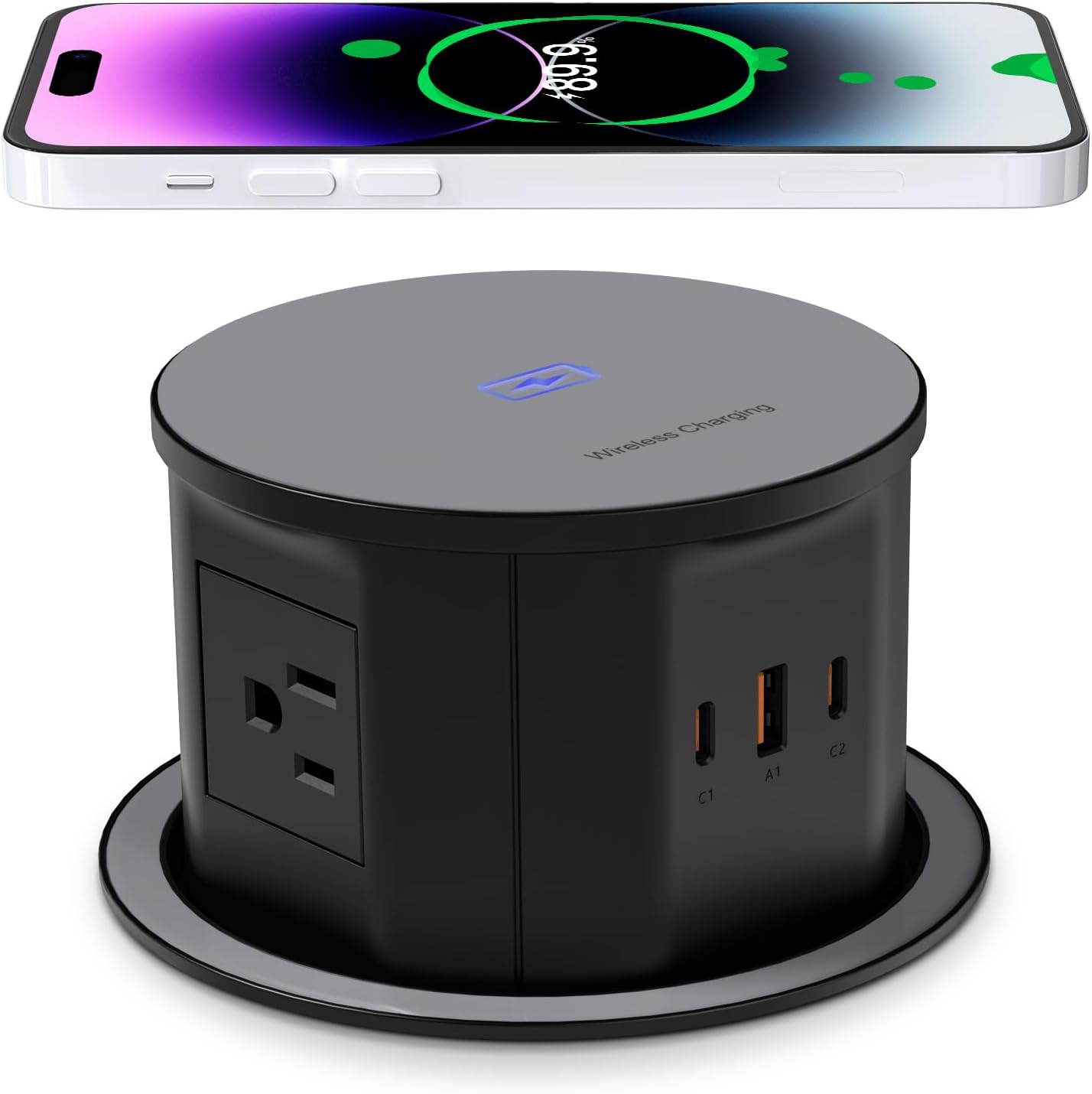 ANNQUAN 4.75" Pop Up Outlet with 65W USB-C,15W Wireless Charger,4 Outlets,3 USB Ports,Pop Up Countertop Receptacle Outlet for Home Office Kitchen