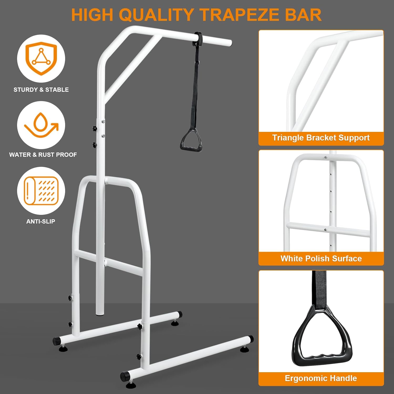 Trapeze Bar for Bed Mobility, Heavy Duty Pull Up Assist Bar with Floor Stand, 5Ft-7Ft Height Adjustable Trapeze Bar, Medical Patient Mover for Care Facilities, White