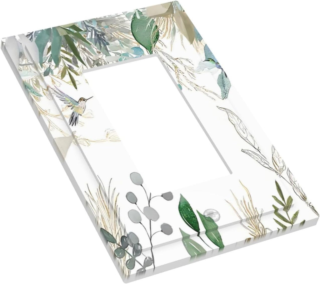 Green Tropical Palm Leaves Flower Plants Hummingbird Decorative Outlet Covers 1 Gang Single Rocker Light Switch Cover Plate Wall Plates GFCI Faceplate for Bed Room Living Room Decor