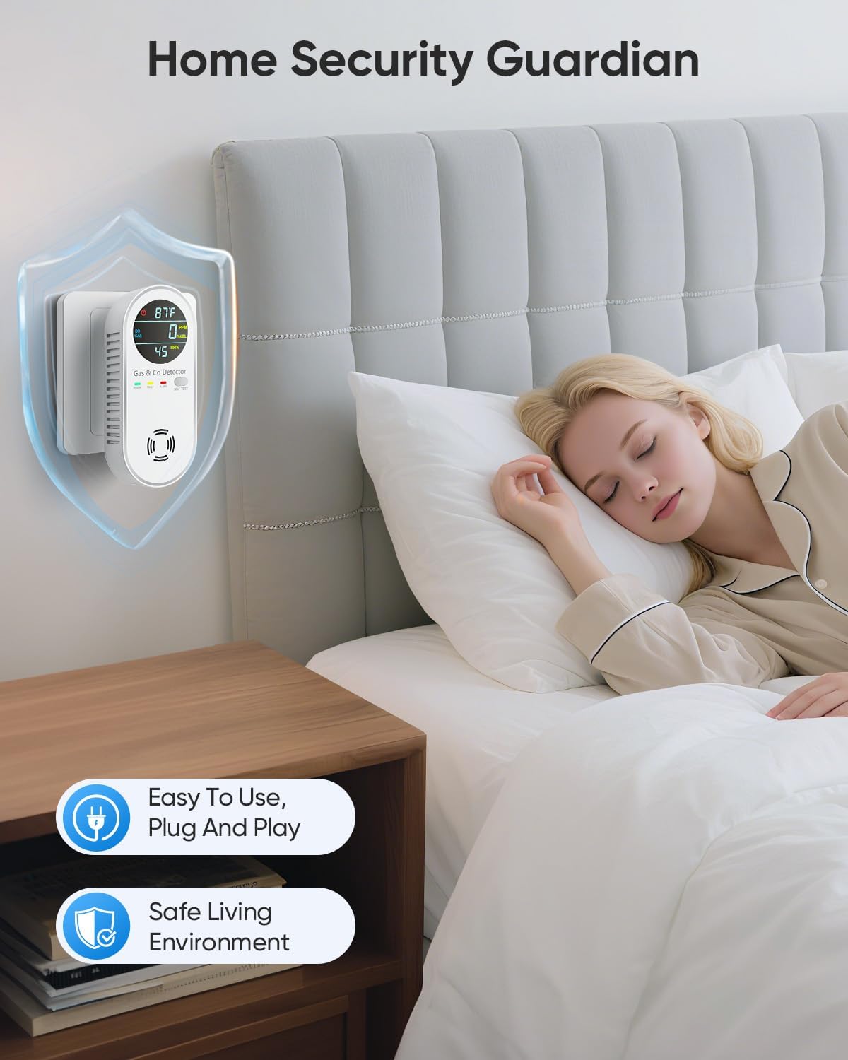 Carbon Monoxide Detectors & Natural Gas Detector, 4-in-1 Carbon Monoxide Detectors Plug in, Gas Leak Detector with Dual Alarms, Temperature & Humidity Sensor for Home, RV Essentials, White, 2 Pack