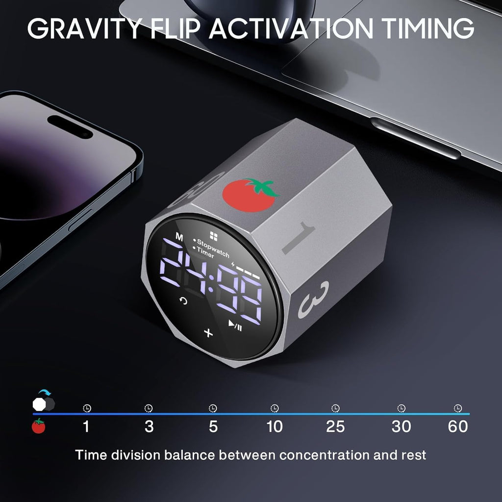 MIAOKE Pomodoro Timer-Aluminum Alloy Frosted Metal LED Large Screen Digital Automatically Rotated Display, Focus Efficient Management on Work and Study,Office,Living Room-Gray