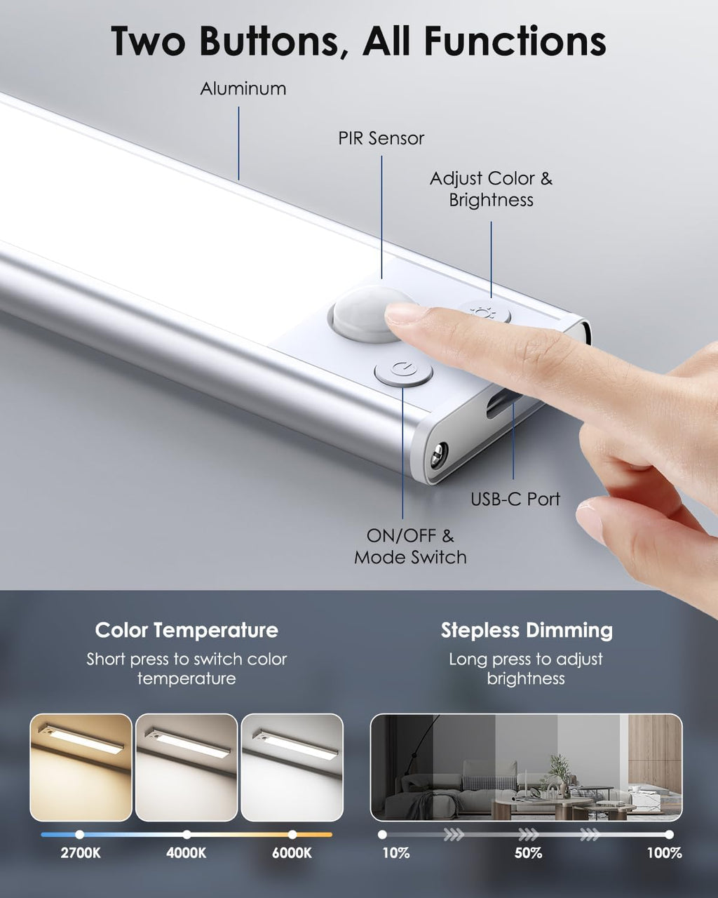 12in Under Cabinet Lighting Wireless, 2500mAh Rechargeable Motion Sensor Lights Indoor, Battery Operated Closet Lights with 3 Color Tempers 108 LED, Dimmable Cabinet Lights for Kitchen Hallway, 5 Pack