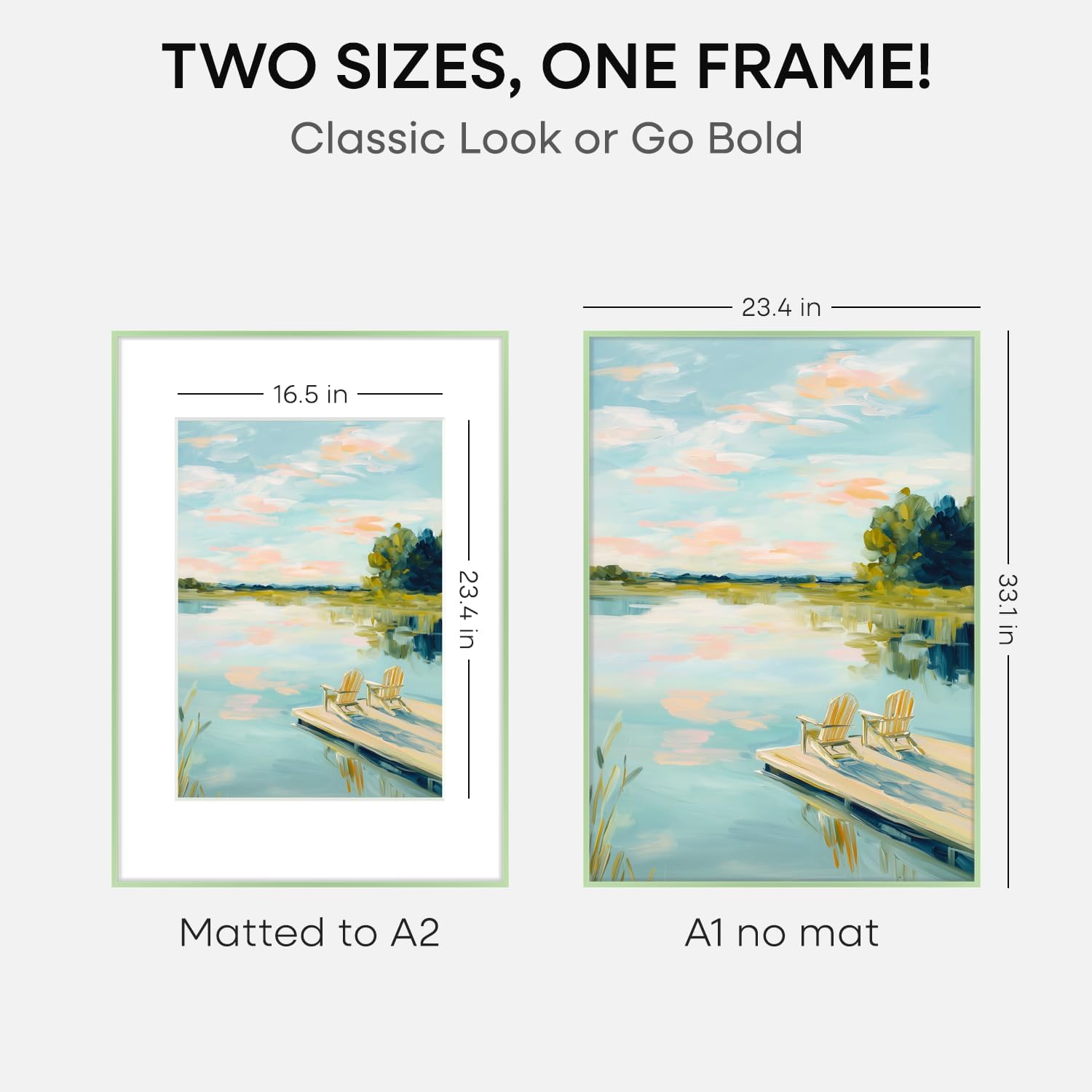 Homeforia A1 Poster Frame Sage Green, High End Metal A1 Large Picture Frames with Mat A2 Photo, 23.4 x 33.1 Frames Matted to 16.5 x 23.4 Print, 23.4x33.1 Thin Frame, Tempered Glass, Wall Kit, Set of 2