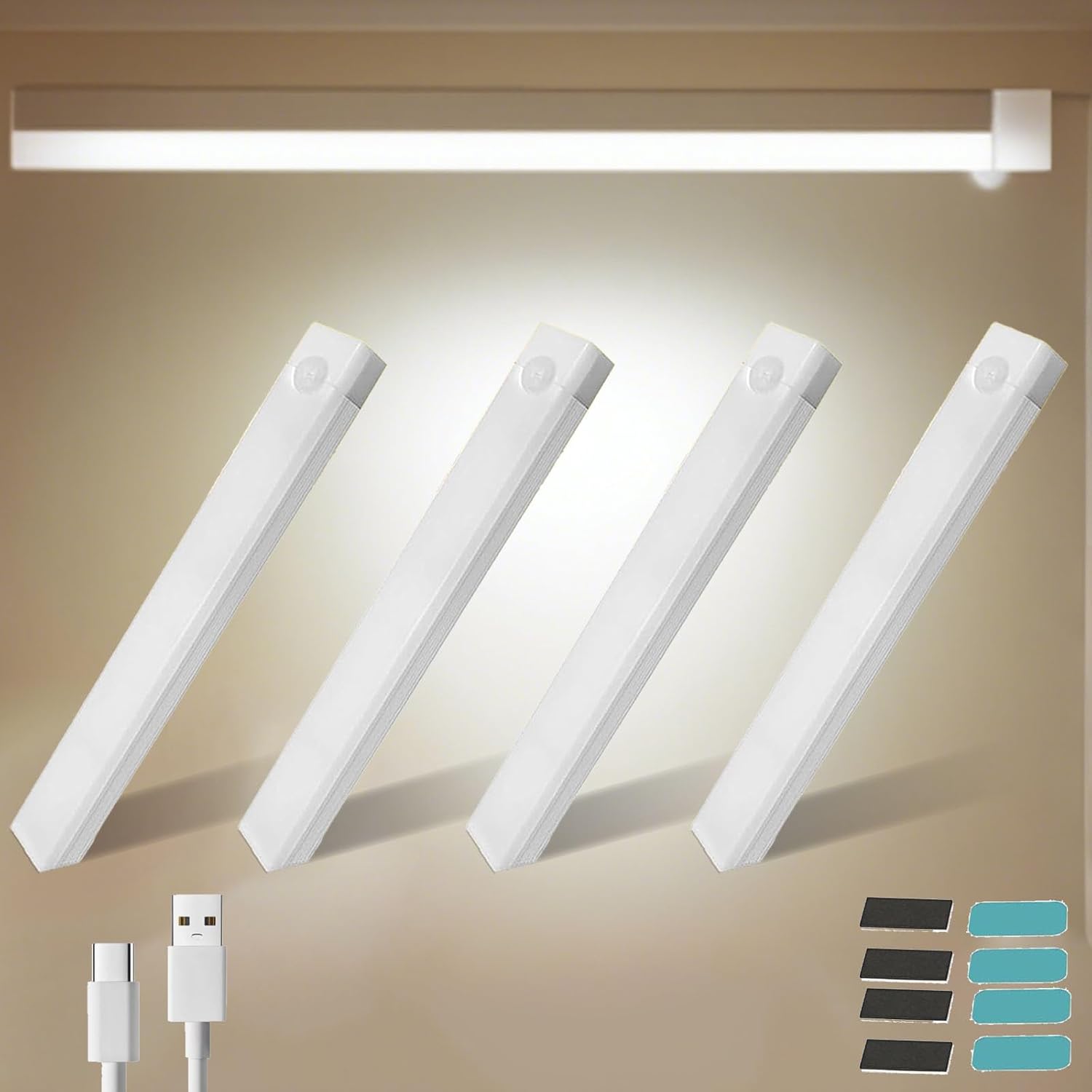 4 PCS Punch-Free Smart Sensor Magnetic Rechargeable Led Lights, Punch Free Smart Sensor Magnetic Light, USB C Rechargeable Closet Under Counter Lighting for Kitchen, Wardrobe (3.9in White Light)