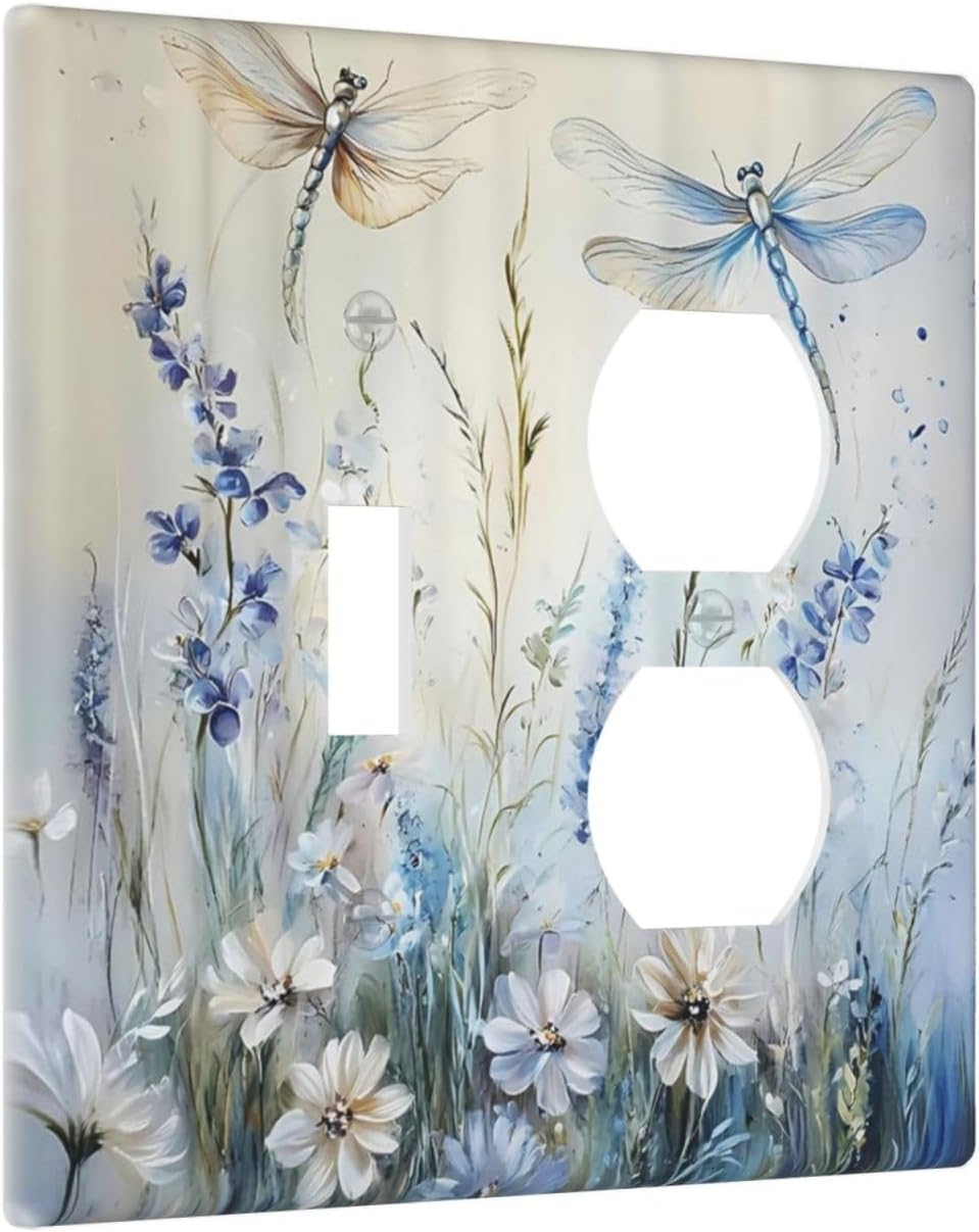 Decorative Outlet Covers Watercolor Dragonfly Blue Wihte Flower 2 Gang Light Switch Cover Plate Single Toggle Duplex Wall Plates for Electrical Outlets Switch Plate Covers for Bedroom Decor