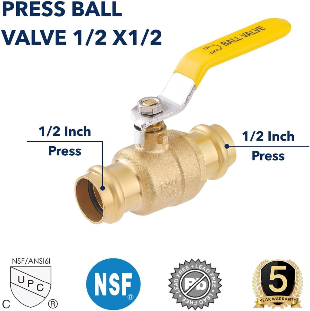 1/2" Press propress Ball Valve with EPDM O-Ring 1/4-Turn Full Port Shut Off Stop Valve for Copper Tubing Connection LF Brass 10PCS