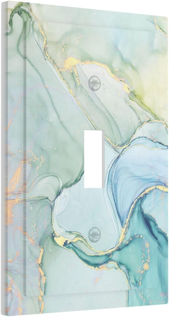 Decorative Light Switch Cover Teal Gold Marbling Turquoise 1 Gang Single Toggle Device Electrical Faceplate Switchplates Decorator Outlet Wall Plate for Bathroom living Room Decor