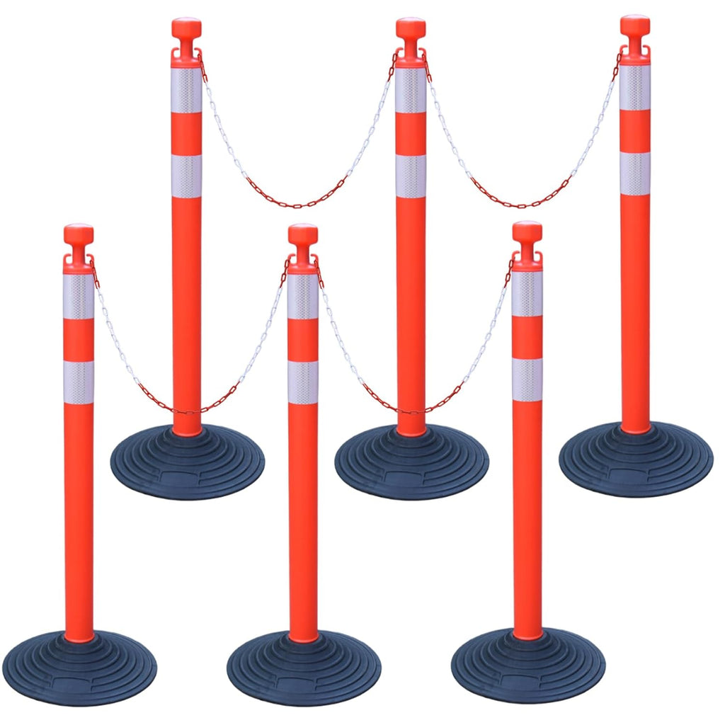 6 Pack 39 Inch Red Traffic Delineator Posts with 2 White Reflective Collars, Safety Posts Cones with 6.6 Feet Chains and 14 Inch Rubber Base for Road Safety,Parking Lot (Red)