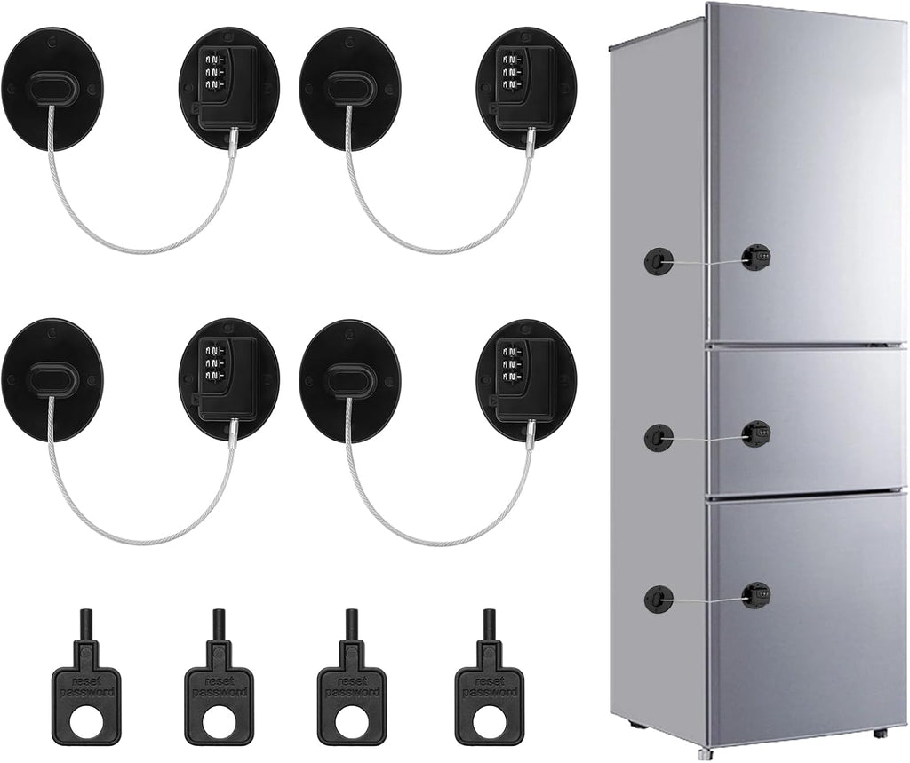 4PCS Fridge Lock Combination, Self-Adhesive Refrigerator Locks Freezer Door for Adults with Password (Black) (Round)