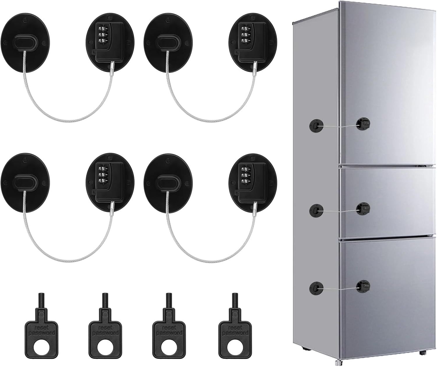 4PCS Fridge Lock Combination, Self-Adhesive Refrigerator Locks Freezer Door for Adults with Password (Black) (Round)