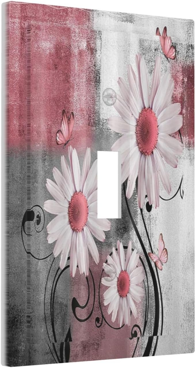 Decorative Light Switch Cover Pink Floral Rustic Daisy Flower And Butterfly 1 Gang Single Toggle Decorator Outlet Wall Plate Device Electrical Faceplate Switchplates for Farmhouse Cabin Decor