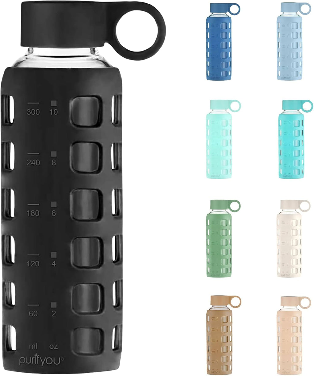 purifyou 40oz / 32oz / 22oz / 12oz Borosilicate Glass Water Bottle with Time & Volume Markers, Silicone Sleeve, Stainless Steel Lid | Reusable Glass Bottle for Water & Juice (12oz JetBlack)