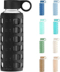 purifyou 40oz / 32oz / 22oz / 12oz Borosilicate Glass Water Bottle with Time & Volume Markers, Silicone Sleeve, Stainless Steel Lid | Reusable Glass Bottle for Water & Juice (12oz JetBlack)