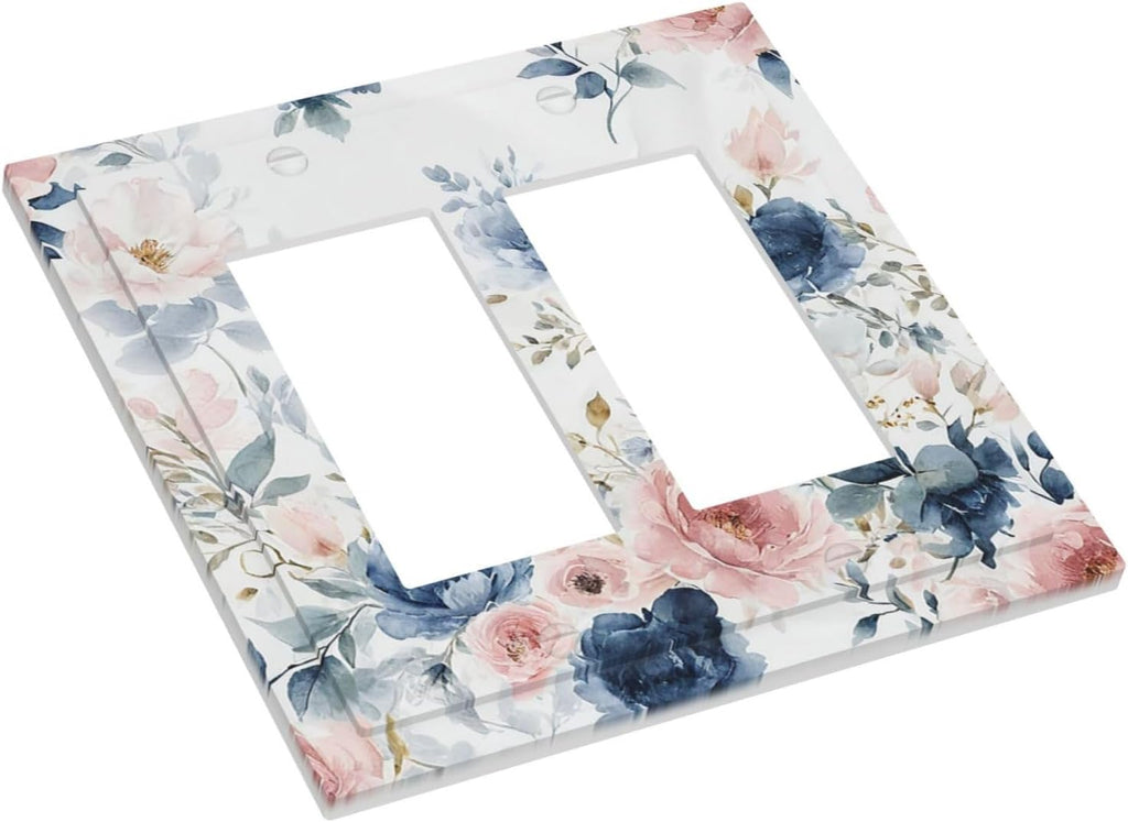 Elegant Watercolor Pink Blue Flowers Floral Outlet Covers Light Switch Cover Plate 2 Gang Double Rocker Wall Plates Decorative Switch Plates Plug Cover Electrical GFCI Receptacle for Home 4.9 X 5 IN
