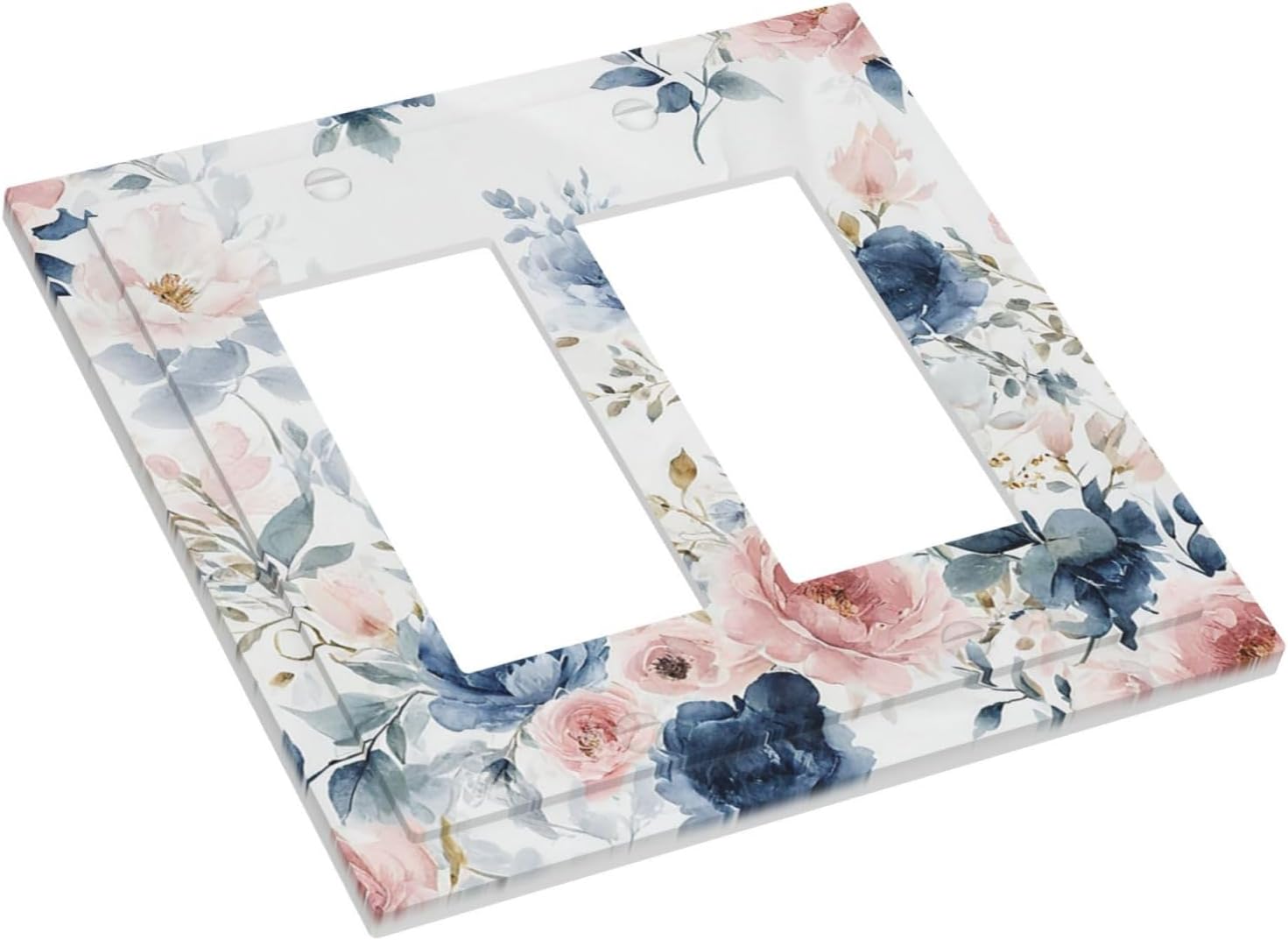 Elegant Watercolor Pink Blue Flowers Floral Outlet Covers Light Switch Cover Plate 2 Gang Double Rocker Wall Plates Decorative Switch Plates Plug Cover Electrical GFCI Receptacle for Home 4.9 X 5 IN