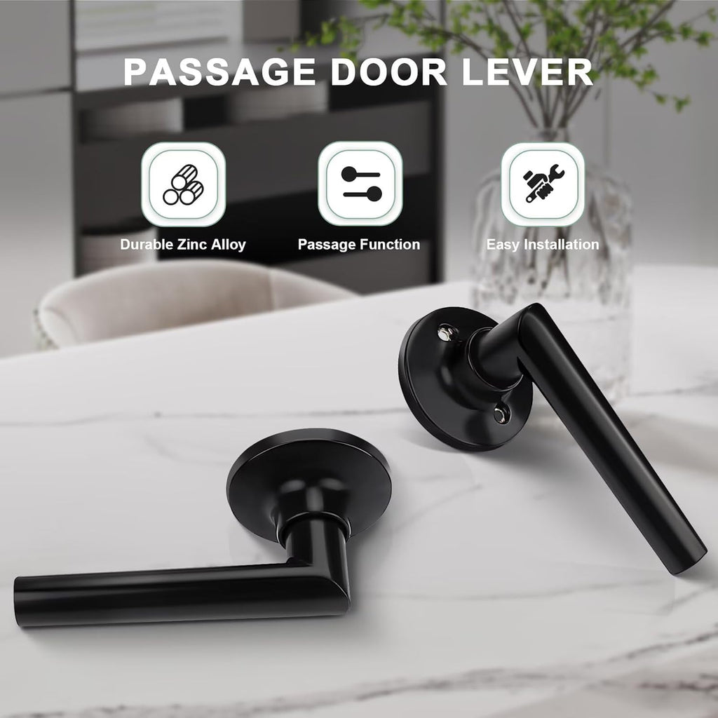 GOBEKOR Matte Black Door Handles Interior,Heavy Duty Passage Door Handles Interior Door Levers for Hallway and Closet, Modern Sleek Round Door Locks