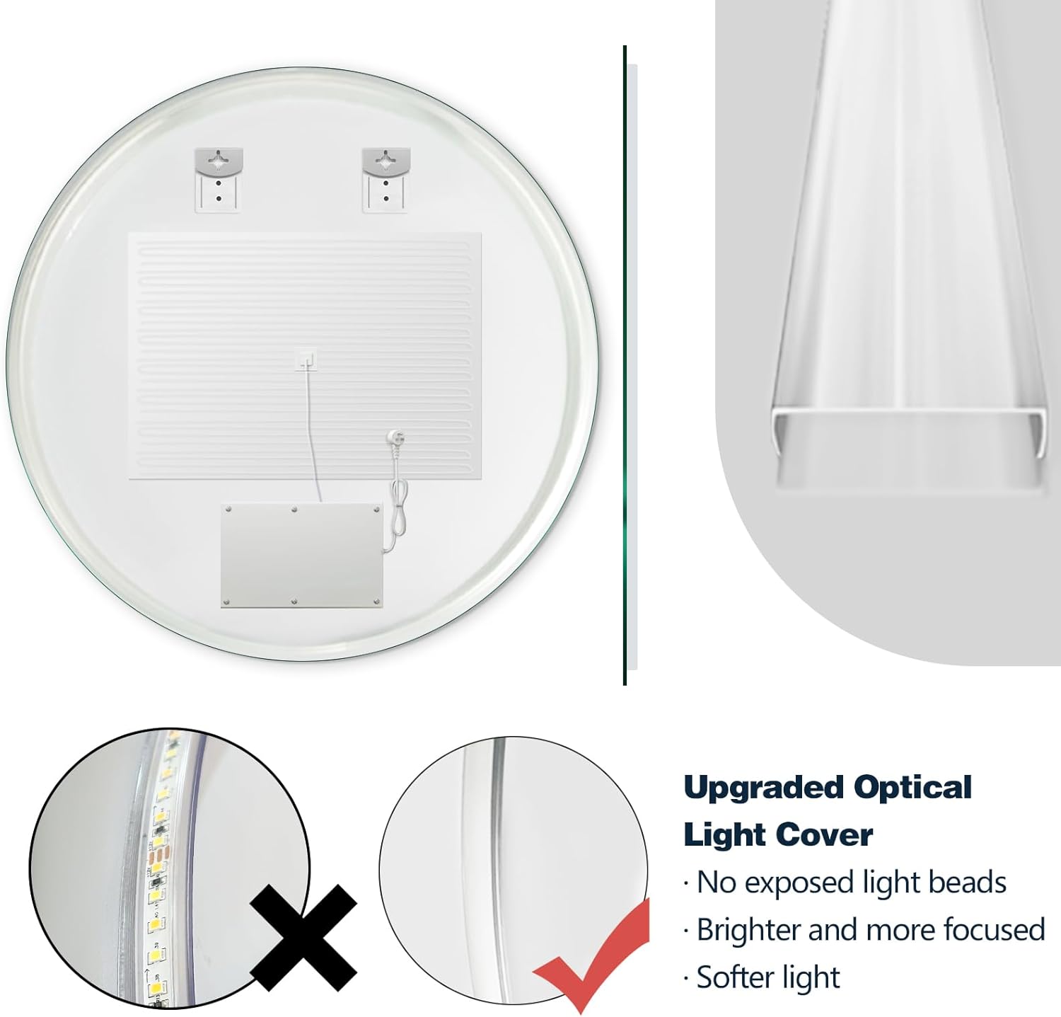 Niccy Round Led Mirror for Bathroom, 32" Circle Frameless Backlit Mirror wiht Light, Anti-Fog, 3 Colors, Waterproof, Memory Function