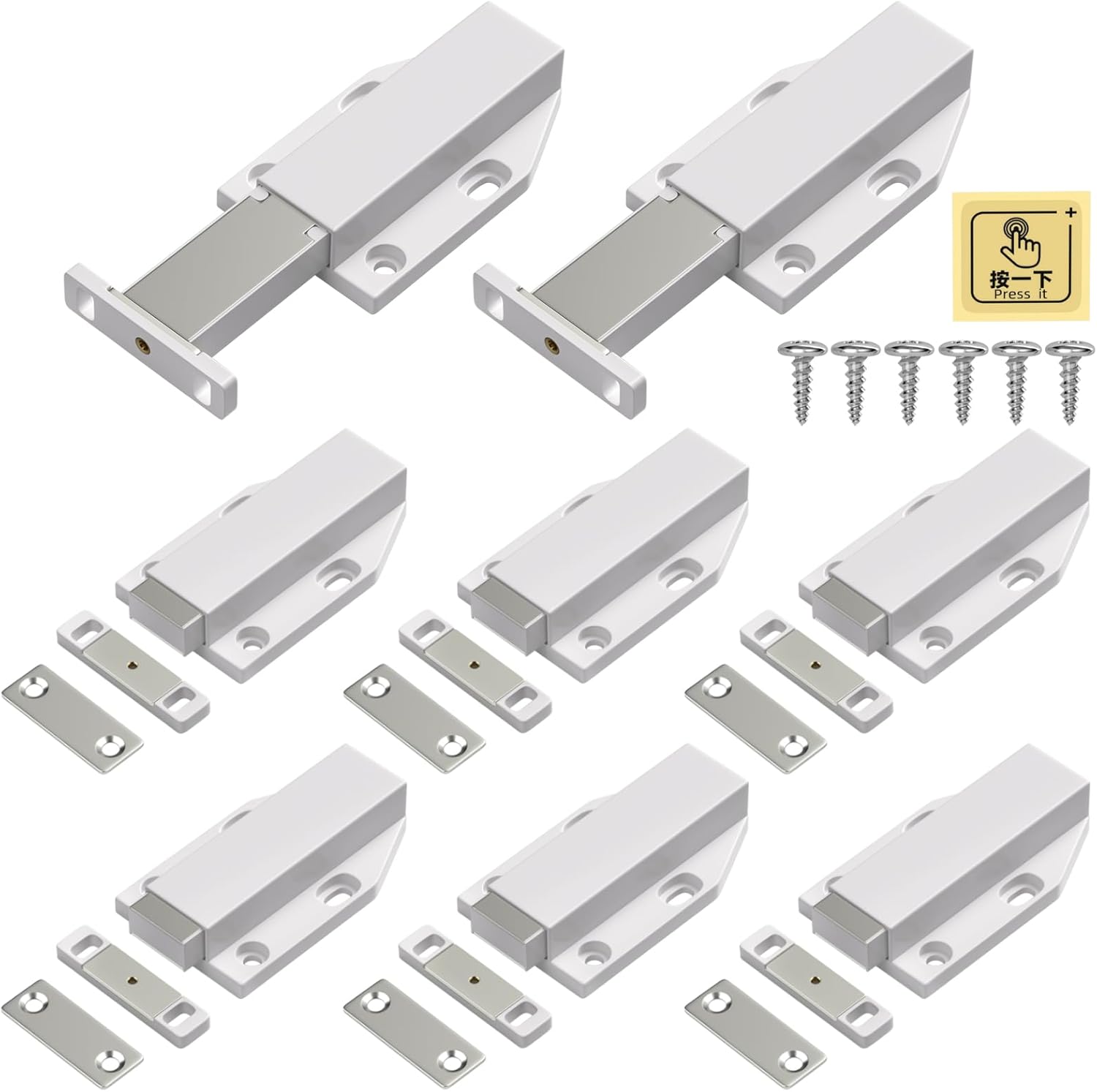 Jiayi Push Open Door Latch Push Catch Magentic Push Open Cabinet Latches Hardware for Kitchen Drawer Closer Touch Release Open for RV Door Damper, Large Push to Open Wardrobe Closure (White, 8 Pack)