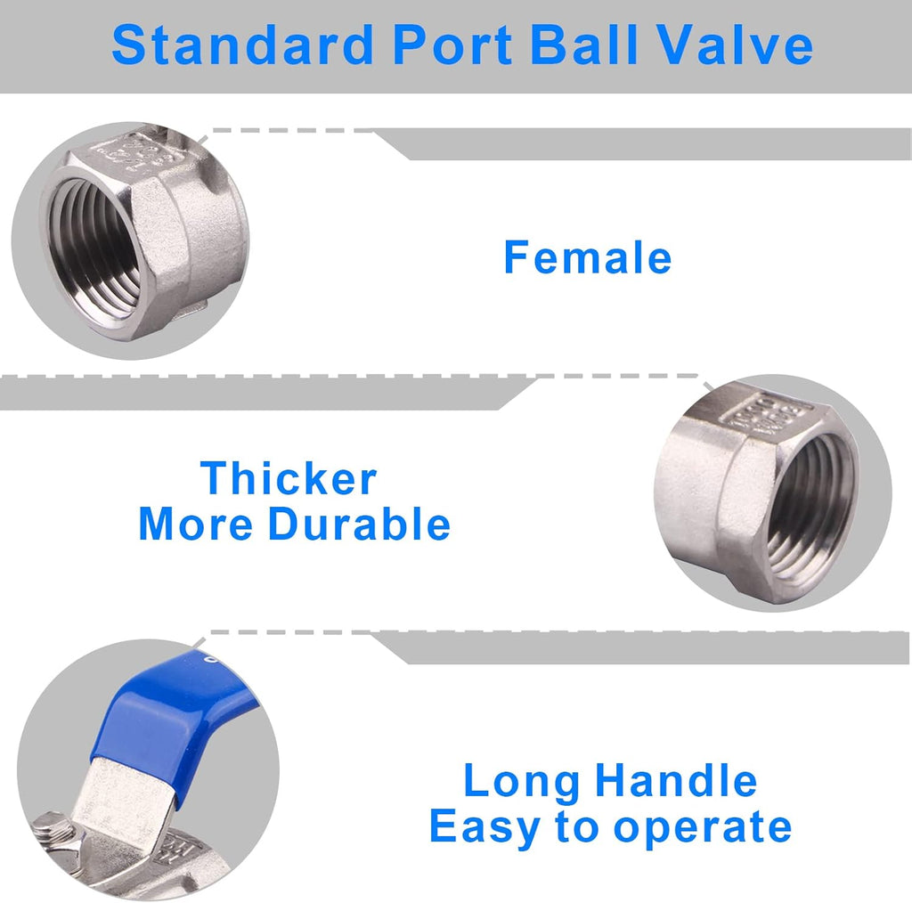 DERNORD Stainless Steel Ball Valve 1PC Type 0.5 Inch NPT Standard Port for Water, Oil, and Gas (Pack of 2)