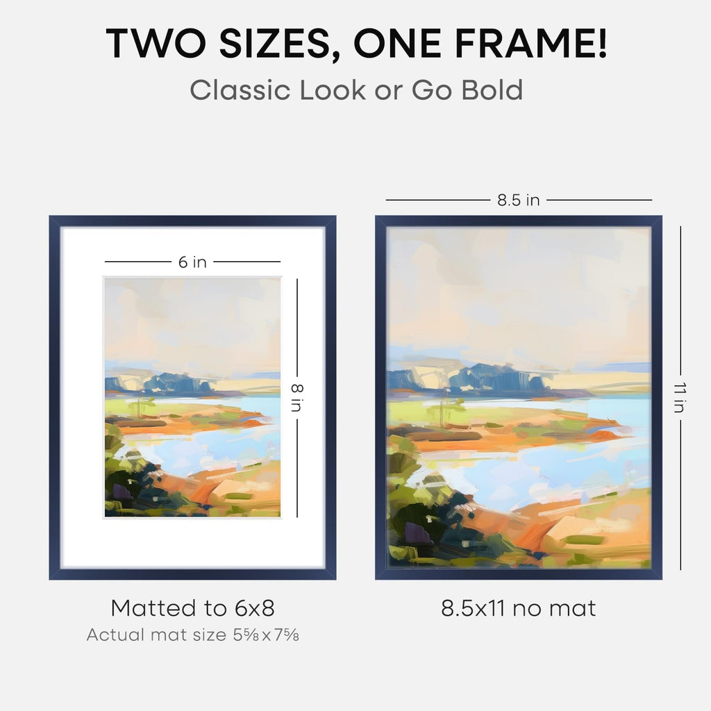 Homeforia 8.5x11 Navy Blue Frame, High End Metal 8.5 x 11 Picture Frames with Mat 6 by 8 inch Photo, 11x8.5 Poster Frame Matted to 6x8 Print, Wall or Tabletop Frame, Tempered Glass, Wall Kit, Set of 2
