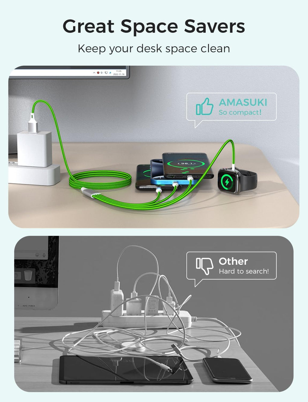 Travel Essentials,4 in 1 for Apple Watch Charger/iPhone Charger/Multi Charging Cable,Vacation RV Camping Essentials,USB C/L/Micro Portable Charger for iWatch 11-1/iPhone 17-12,Car&Gift-Green