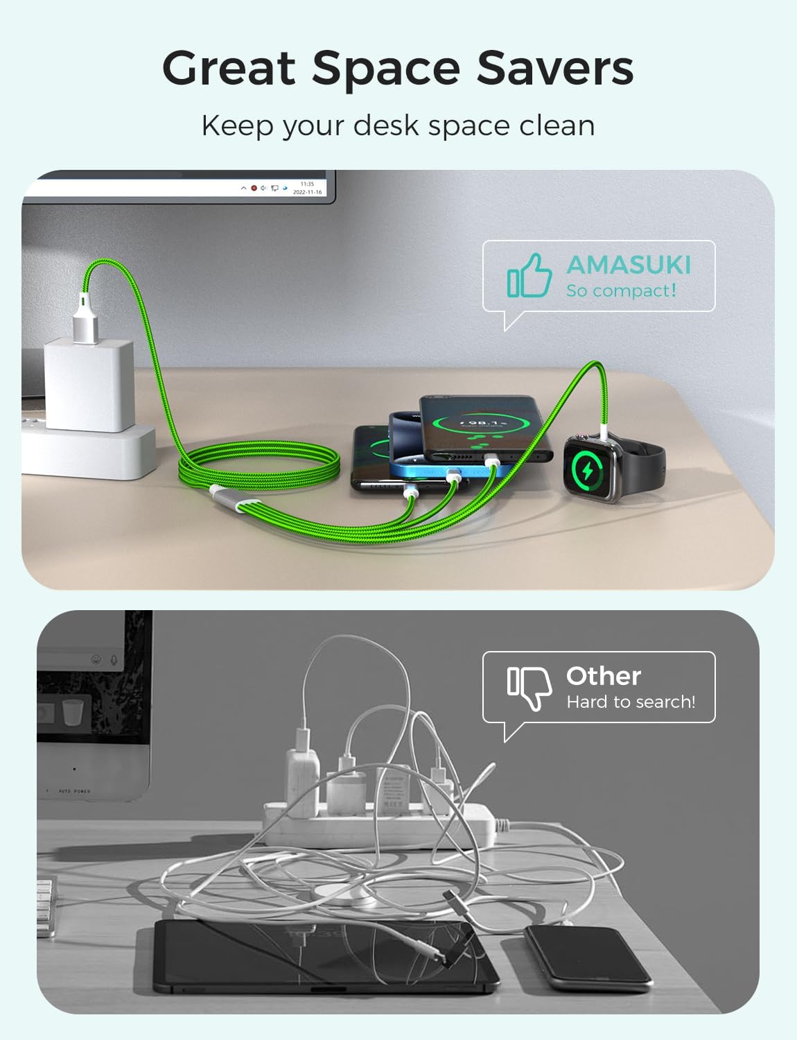 Travel Essentials,4 in 1 for Apple Watch Charger/iPhone Charger/Multi Charging Cable,Vacation RV Camping Essentials,USB C/L/Micro Portable Charger for iWatch 11-1/iPhone 17-12,Car&Gift-Green