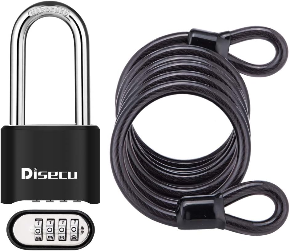 1 Pack disecu Heavy Duty 4 Digit Combination Lock, 2.5 Inch Long Shackle Outdoor Waterproof Padlock with Steel Cable for Bike, Gate, Fence (Black)