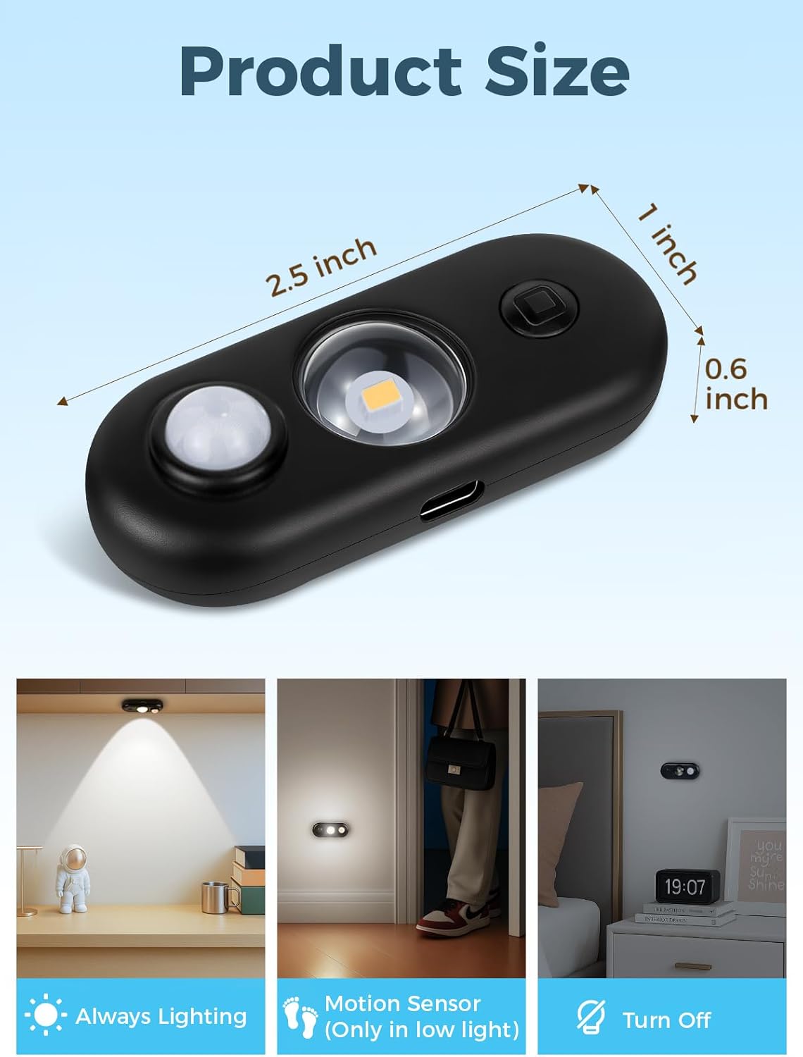 YGS-Tech LED Motion Sensor Light Indoor, Rechargeable Puck Lights, Magnetic Dimmable Under Cabinet Light, Wireless LED Lights for Closet, Kitchen, Stairs, Daylight White, 6-Pack (Black)