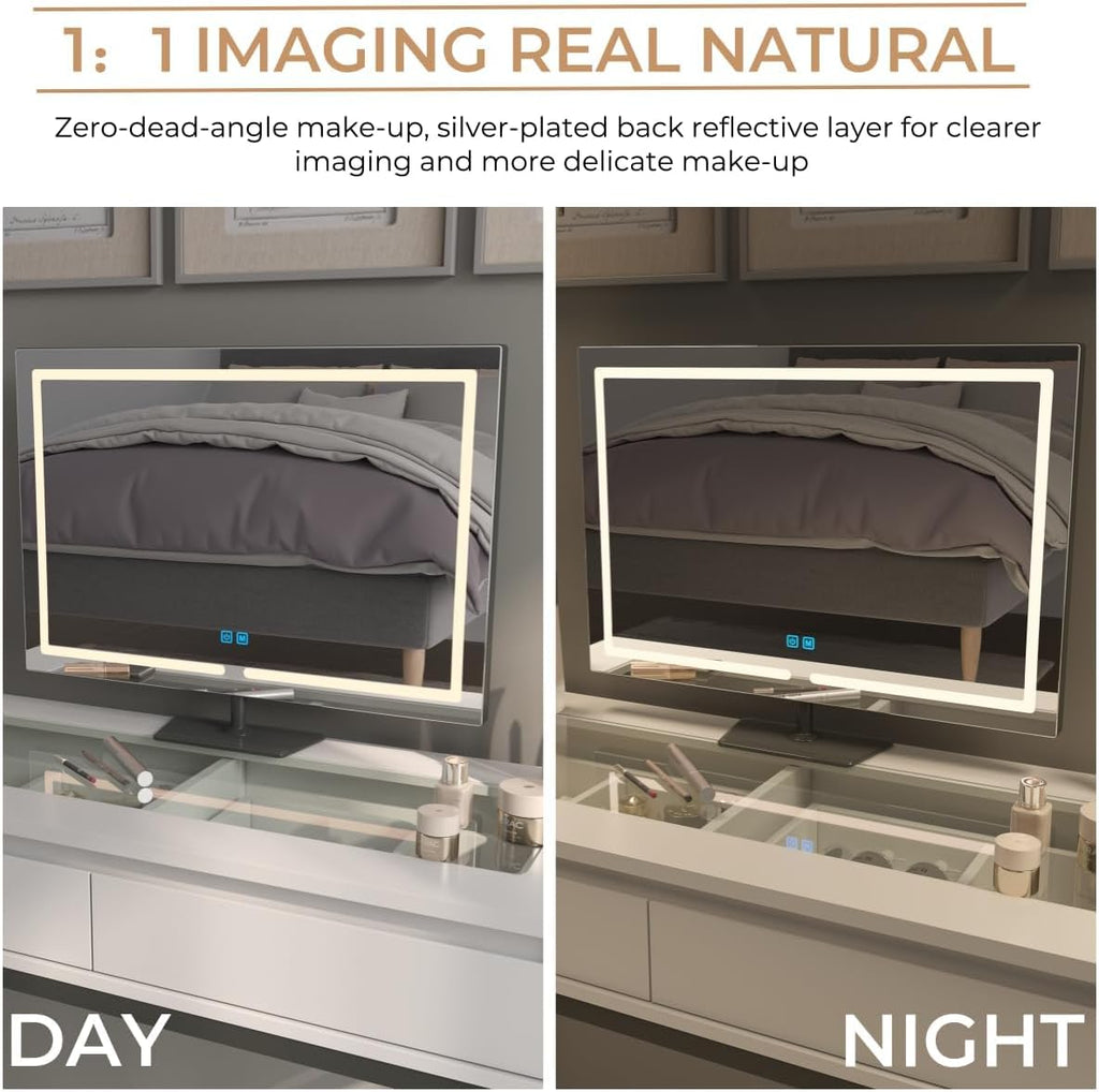 Vanity Mirror with Lights, 23.27 x 17.7 Inch LED Makeup Mirror, Lighted Makeup Mirror with Dimmable 3 Modes, Smart Touch Control, Aluminum Frame and Tempered Glass Base, Bronze