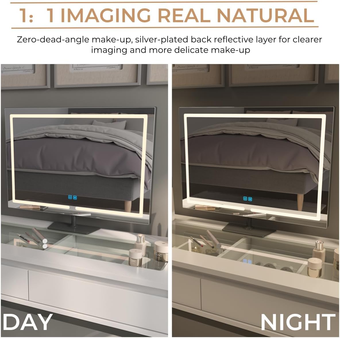 Vanity Mirror with Lights, 23.27 x 17.7 Inch LED Makeup Mirror, Lighted Makeup Mirror with Dimmable 3 Modes, Smart Touch Control, Aluminum Frame and Tempered Glass Base, Bronze