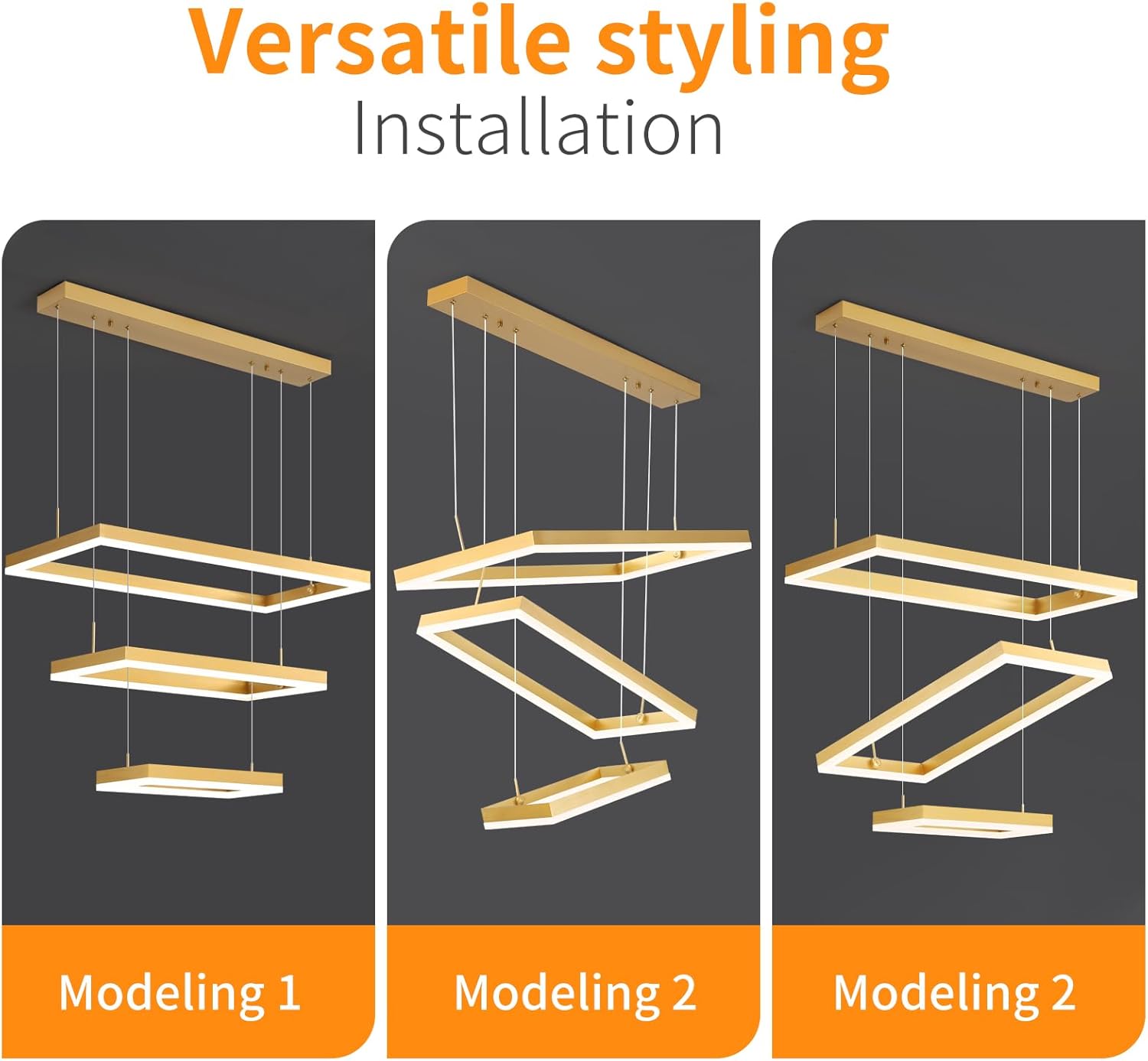 Modern Chandeliers for Living Dining Room, 3-Ring Rectangular LED Chandelier Light Fixture with Remote Control Dimming, Hanging Pendant Light with Adjustable Height, Gold