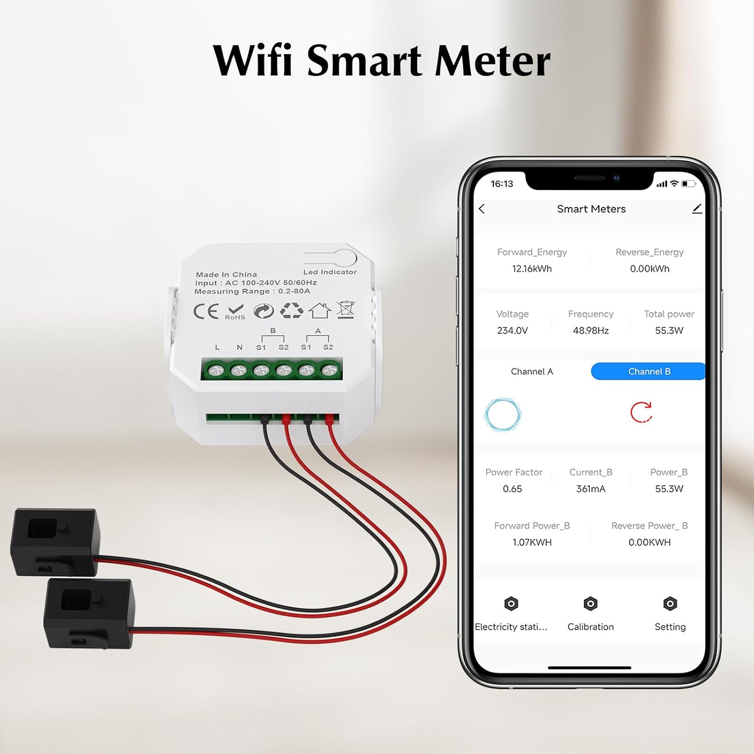 eMylo 2 Channel WiFi Power Meter 80A+80A Smart Power Monitor,Clamp Ammeter Power Monitor,2.4GHz WiFi,Real Time Monitoring,Smart Life/TUYA APP, Compatible with Alexa and Google Assistant