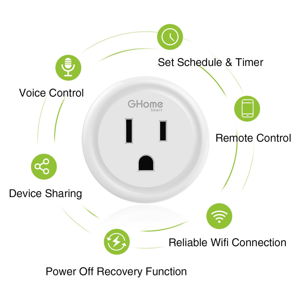 GHome Smart Plug Mini, WiFi Smart Outlet Plug Compatible with Alexa and Google Home, Timer Outlet with APP Control, Smart Plugs Only Supports 2.4GHz Network, No Hub Required, ETL FCC Listed, White