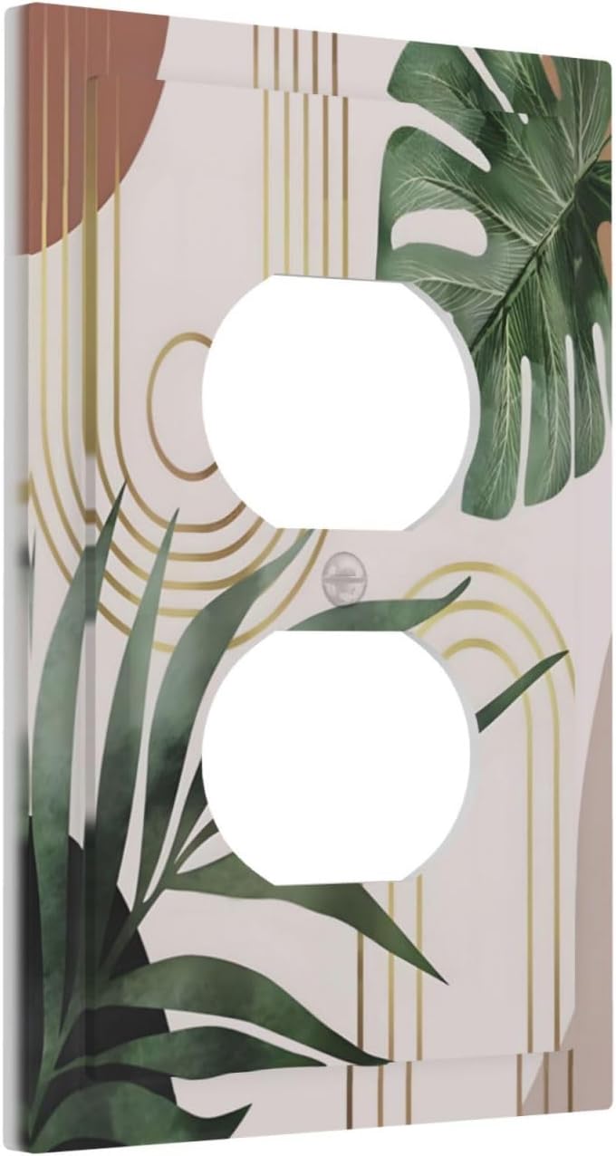 Decorative Outlet Covers Boho Mid Century Abstract Arch Green Leaves 1 Gang Duplex Light Switch Cover Plate Wall Plate Electrical Switch Plate Covers for Bedroom Home Decor（ 2 Pack）