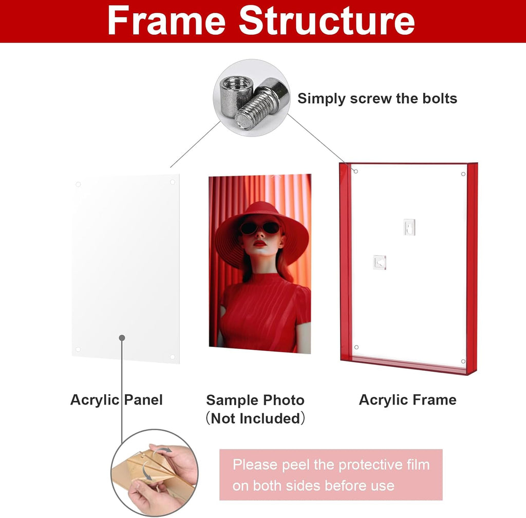 5x7 Picture Frame, Stunning Color Acrylic Photo Frames, Wall & Tabletop Display Frames, Modern Floating Style for Home Office Decoration, Red (1 Pack)