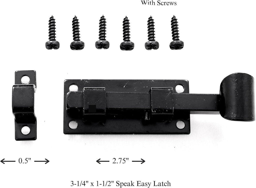 The Rustic Express, Speak-Easy Door Latch and Decorative Hinge Kit Includes 1 Speak-Easy Latch, 2 Butterfly Hinges and 12 Black mounting Screws, Size (Latch 3-1/4” x 1” x 1” Hinge 2” x 2-3/8”)